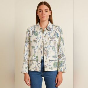 Ann Llewellyn Life 100% Linen Jacket Blazer Sz 46 XL Floral Paisley Utility Boho